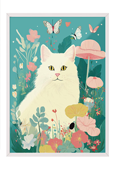 Zestia Tablou cu ramă albă, Ilustrație cu pisică în pădure, Poster decorativ ...