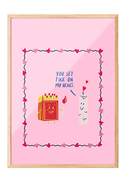 Zestia Tablou cu ramă din lemn, Ilustrație minimalistă cu tematică de dragost...