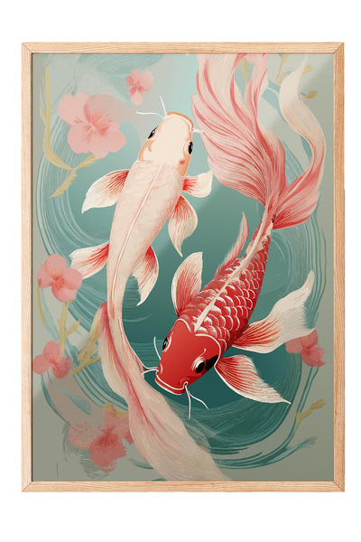 Zestia Tablou înrămat în lemn, Ilustrație cu pești Koi, Poster decorativ pent...