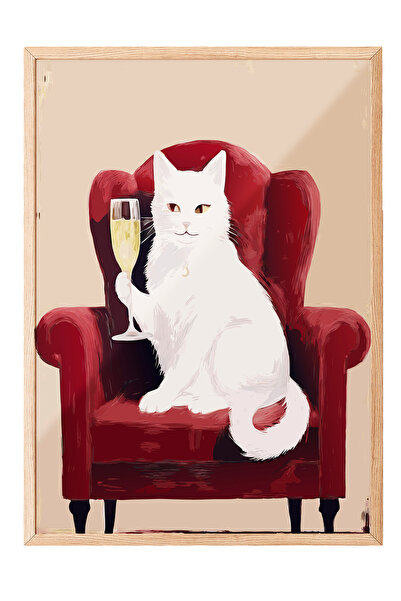 Zestia Tablou cu ramă din lemn, pisică albă pe un fotoliu roșu, poster decora...
