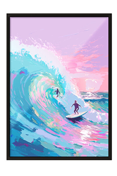 Zestia Tablou cu ramă neagră, Surfing și The Great Wave, Poster decorativ pen...