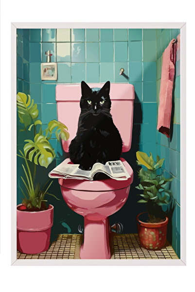 Zestia Beyaz Çerçeveli Tablo, Eğlenceli Kedi İllüstrasyonu, Banyo Dekoru Post...