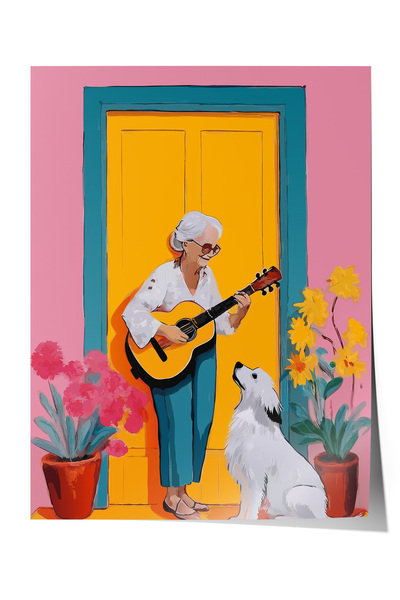 Zestia Poster fără ramă, Bărbat care cântă la chitară în fața ușii, Poster de...