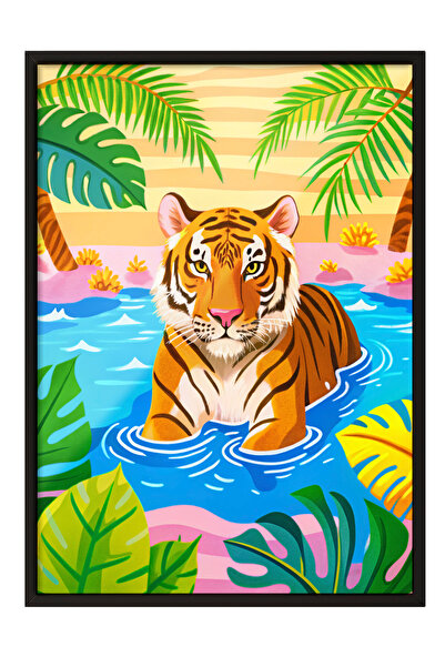 Zestia Tablou înrămat negru, Tigru tropical – cu frunze de palmier, Poster de...