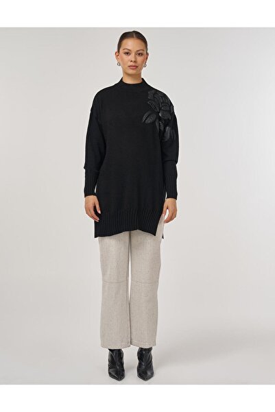 Kayra Aplikeli Triko Tunik Siyah