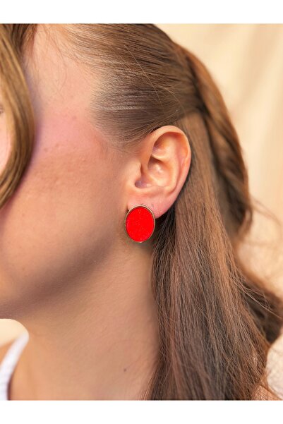 lesuvera Çelik Kırmızı Renkli Simli Oval Yuvarlak Vintage Küpe