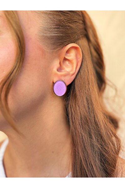 lesuvera Çelik Mor Lila Renkli Simli Oval Yuvarlak Vintage Küpe