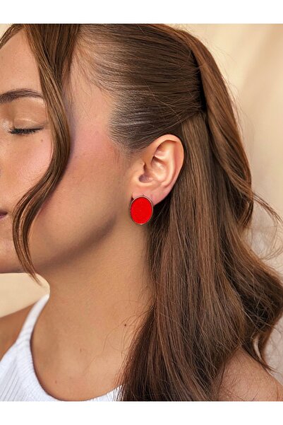 lesuvera Çelik Kırmızı Renkli Simli Oval Yuvarlak Vintage Küpe