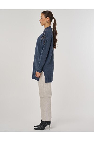 Kayra Omzu İşlemeli Triko Tunik İndigo