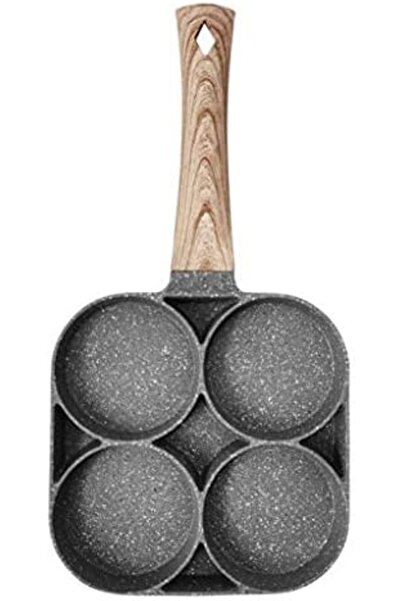 Showay مقلاة أومليت ECVV ذات 4 فتحات لبيض البرجر ولحم الخنزير وصانعة الفطائر بمقبض خشبي ووعاء قلي غير لاصق للطهي