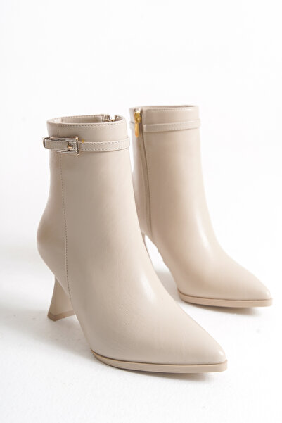 SİNAYN MODA Kadın Cilt Gold Taşlı Toka İnce Topuklu Sivri Bot