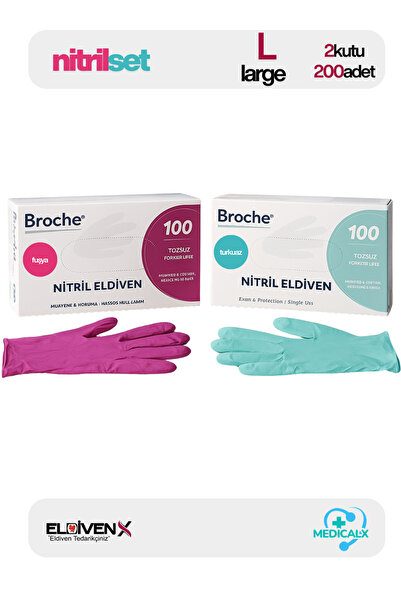 Medicalx NitrilSET Fuşya Pembe & Turkuaz Nitril Muayene Eldiveni 200 Adet - L...