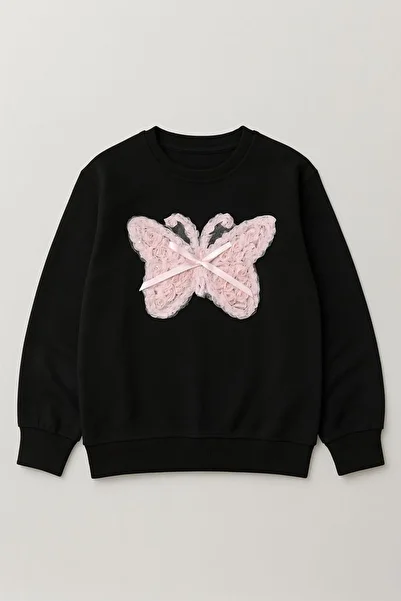 Minigimin Cicileri My Little Girl's Single Sweatshirt with Detailed Sleeves - Black