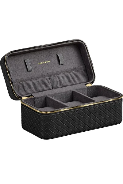 SONGMICS Ronne Collection Watch Box, for 3 Watches, Braided PU Leather, 10x20x9 cm, Black
