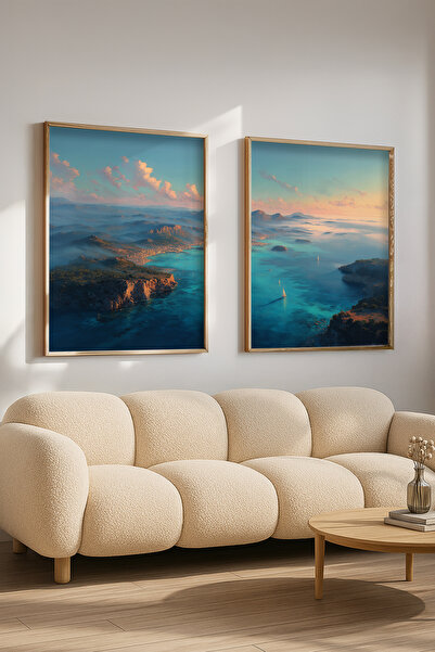 STARYUNA Ahşap Çerçeveli Deniz Ve Ada Manzaralı İkili Tablo Seti Yuna388