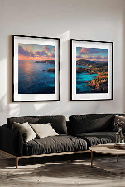 STARYUNA Set de pictură dublă cu cadru din lemn negru, cu vedere la apus de s...