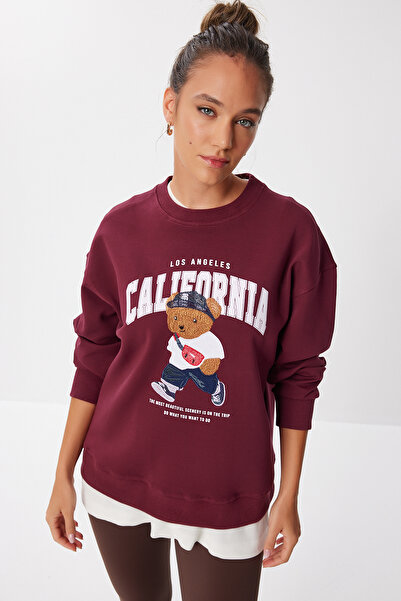 Lovelyİstanbul Pletená mikina oversize s potlačou medvedíka LMC0074 BORDO