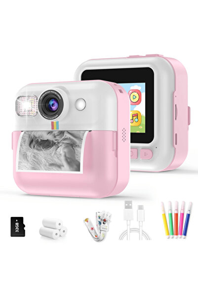 Elindor ® Cameră instantanee pentru copii, ecran de 2,4 inci, 1080p, zoom 16x, imprimare fără cerneală, card SD de 32 GB, roz