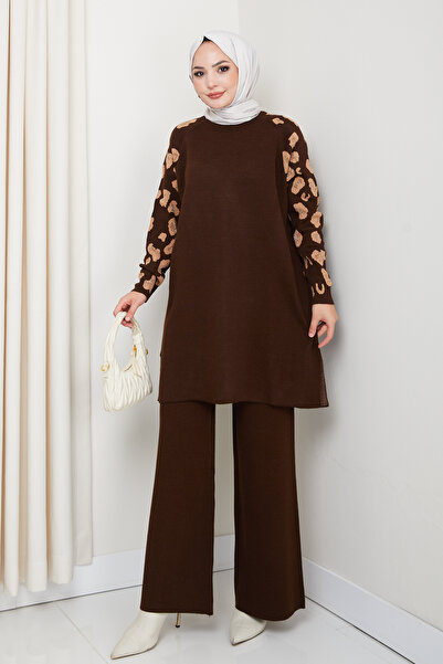 KAYA BUTİK Set tunică cu pantaloni cu model leopard și mâneci cu sclipici