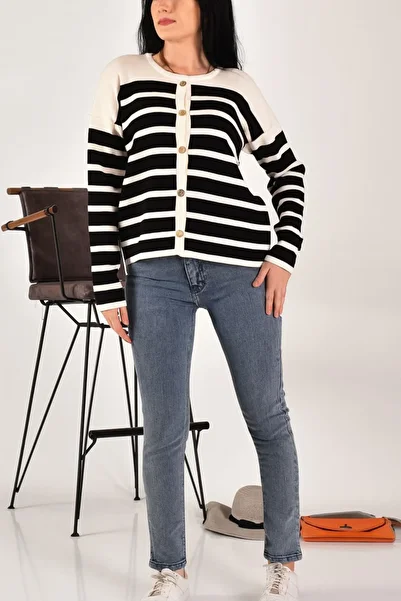 meday Clothing Women's Black and White Striped Buttoned Knitwear Cardigan – Round Neck, Comfortable Fit