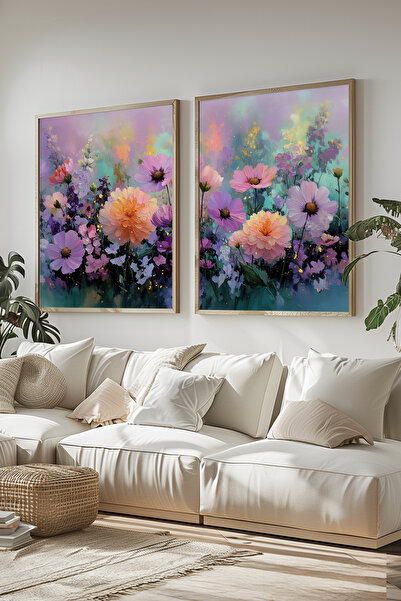 STARYUNA Set de pictură romantică dublă cu efect de pictură în ulei, cu rame din lemn, cu flori pastelate, în tonuri de violet Yuna392