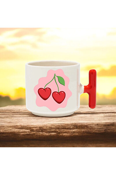 BB TRADE كوب سيراميك مطبوع بتصميم الكرز مع مقبض على شكل حرف T باللون الأحمر، ...