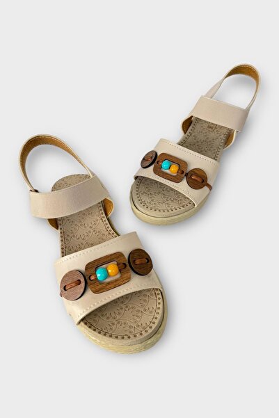 Liger Elastic Bead Detailed Casual Women's Sandals Beige - Taba