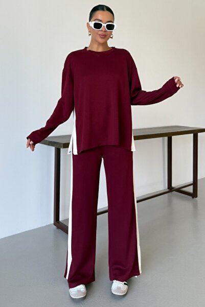 MODAGEN Women's Burgundy Side Thick Striped Slit Detailed Top and Bottom Set