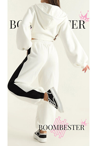 BoomBester Set de trening oversize pentru femei, 100% bumbac, cu trei fire - Corset cu broderie și detaliu cu dungi, croială confortabilă