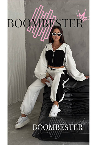 BoomBester Set de trening oversize pentru femei, 100% bumbac, cu trei fire - Corset cu broderie și detaliu cu dungi, croială confortabilă