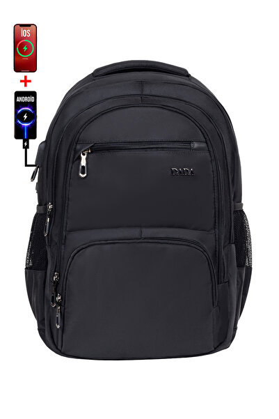 Dada Çok Bölmeli Siyah Okul Sırt Çantası Yandan Cepli Usb Soket 15,6 inç Laptop Bölmesi Su Geçirmez Kumaş