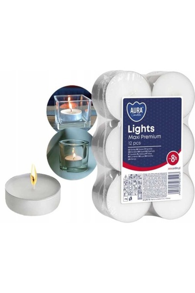 AURA Maxi Premium Unscented Candles, Set of 12, 8 Hours, White, 5.7x2.2 cm