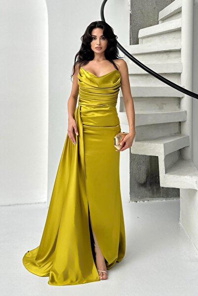 Serica Moda Hardal Straplez Drapeli Saten Abiye Elbise