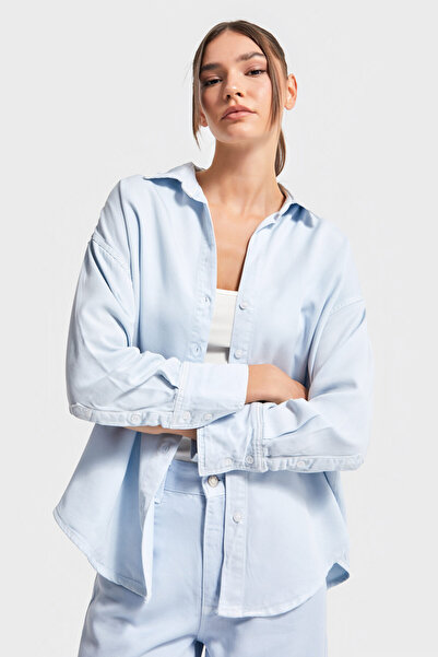 its basic Women's Baby Blue Color 6S5-103 Organic Cotton Viscose Fabric Oversize Shirt