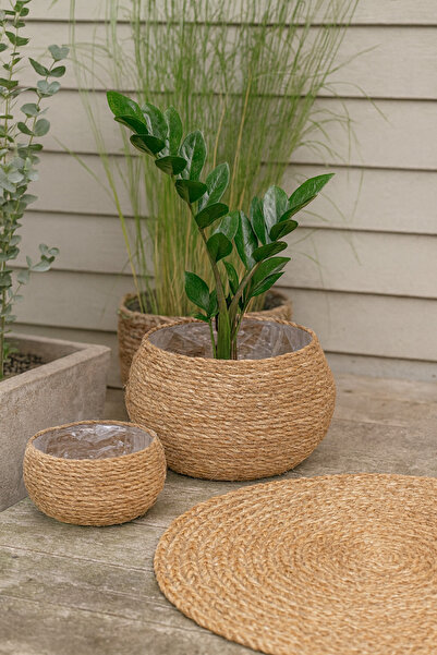 Çavdar Group 3'lü Tombul Hasır Yuvarlak Saksılık 3 Adet Saksı El Örmesi Hasır Sepet