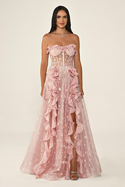 ALFABETA Straplez Korse Transparan Bel Tül Uzun Elbise