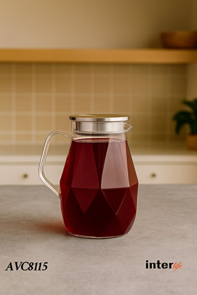 İnterlife Paslanmaz Çelik Kapaklı Cam Sürahi Vakumlu ve Süzgeçli Kapak Modern...