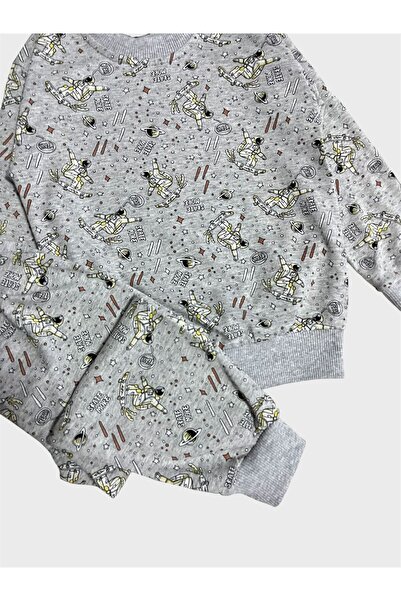 Genel Markalar Erkek Çocuk Pamuklu Gri Astronot Desenli Uzun Kollu Mevsimlik Pijama Takımı