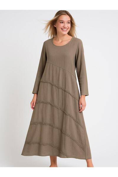 Butik İtalyan Keten Dikiş Detaylı Elbise - VİZON