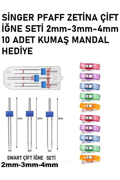 Swart Singer Zetina Pfaff janome Singer Çift iğne seti 2mm-3mm-4mm 10 adet kumaş mandal hediye