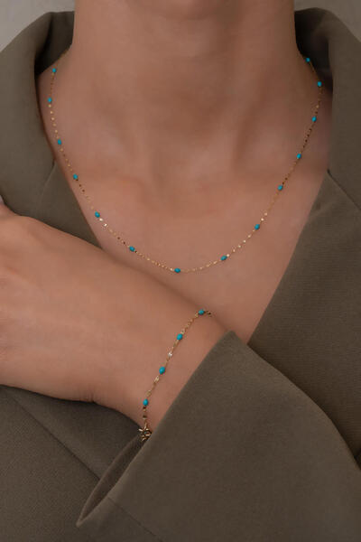 Bayar Gold 14 Ayar Altın Turkuaz Mineli Aynalı Zincir Kolye Bileklik Set