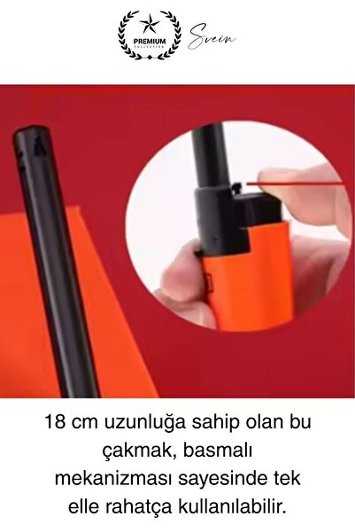 Svein Premium 18 cm Siyah Basmalı Uzun Mutfak Çakmağı Gazlı Doldurulabilir Mum Mangal Kamp İçin Ateş