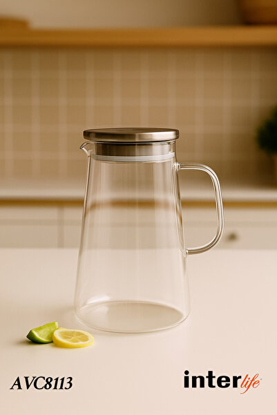 İnterlife Paslanmaz Çelik Kapaklı Cam Sürahi Vakumlu ve Süzgeçli Kapak İçecek...