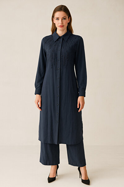 Gazella 43838 ÖNÜ DÜĞMELİ BONCUK VE TAŞ DETAYLI GÖMLEK YAKA UZUN İKİLİ TAKIM