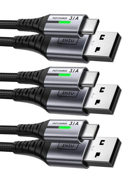 iniu USB C Cable, [3 Pack 1.6/6.6/6.6ft ] 3.1A QC3.0 Type C Charger Fast Charging, Durable Nylon USB