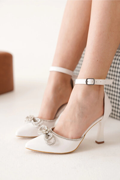 CAMOLLA Beyaz Cilt Kadın Taş Fiyonklu Bilekten Bağlamalı Abiye Şık Topuklu Ay...