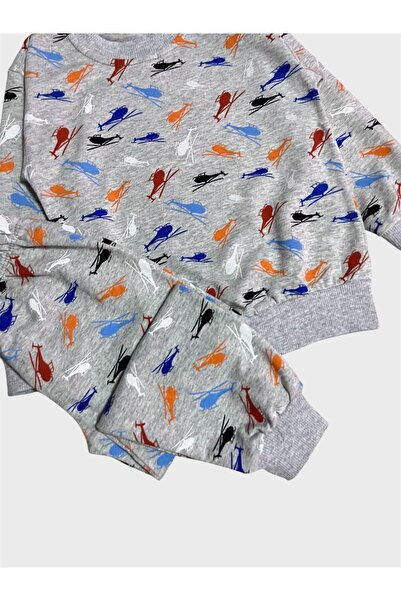 ALİŞ KİDS Set de pijamale sezoniere pentru băieți, din bumbac, gri, cu model de elicopter, cu mâneci lungi