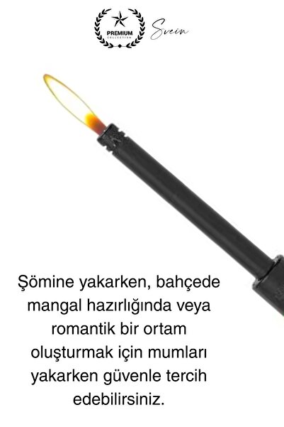 Svein Premium 18 cm Siyah Basmalı Uzun Mutfak Çakmağı Gazlı Doldurulabilir Mum Mangal Kamp İçin Ateş