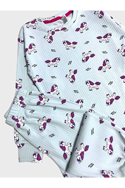 ALİŞ KİDS Kız Çocuk Pamuklu Mavi Unıcorn Desenli Fitilli Uzun Kollu Pijama Takımı