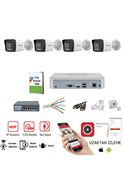 kamera alarm sepeti HIKVISION 4 Kameralı, 4MP IP 2.8 mm Güvenlik Kamera Seti,...